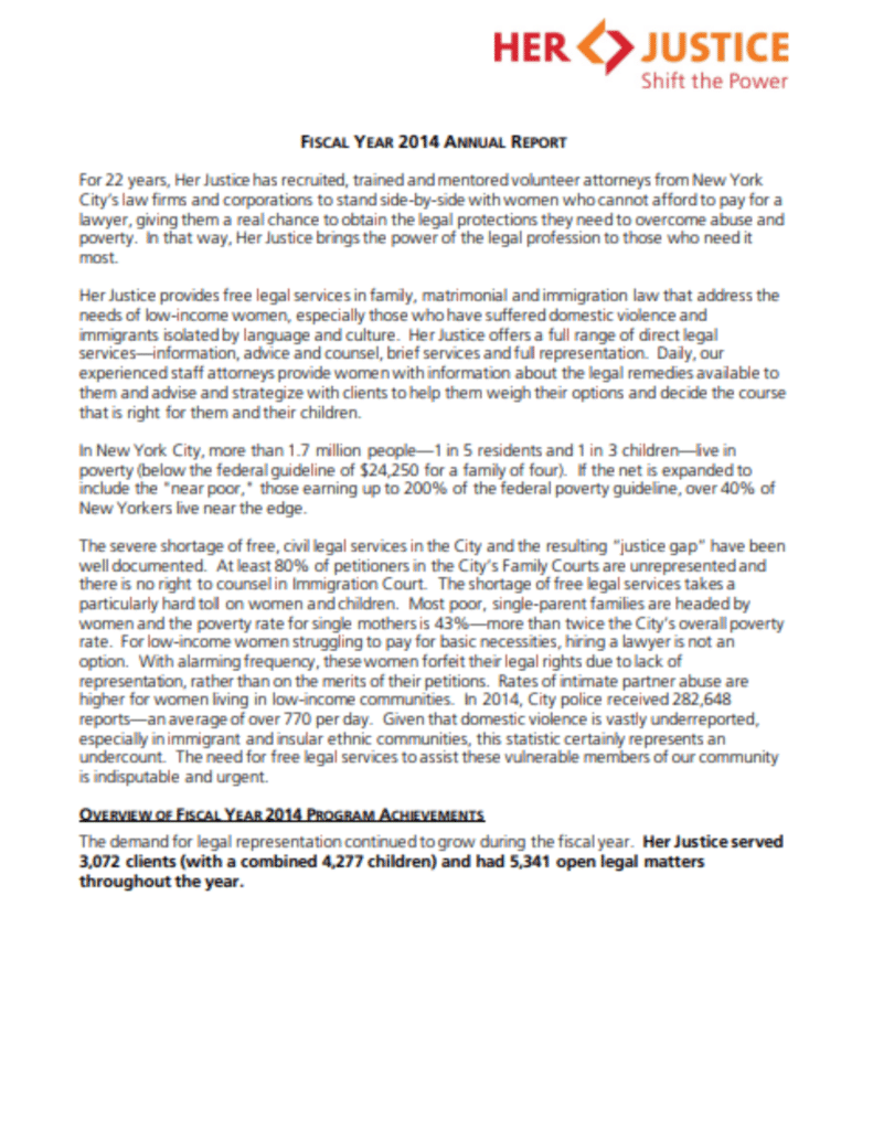 A page from Her Justices 2014 annual report detailing their work with vulnerable women in New York City and summarizing their achievements, including the number of clients and legal matters handled that year.