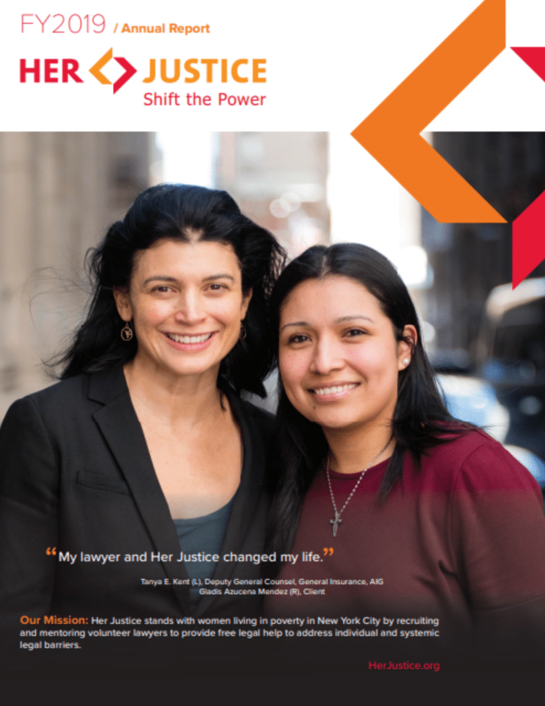 Two women stand close together smiling, one in a black top and the other in burgundy, against an outdoor city background. The image is part of Her Justices FY2019 annual report, featuring a quote and mission statement.