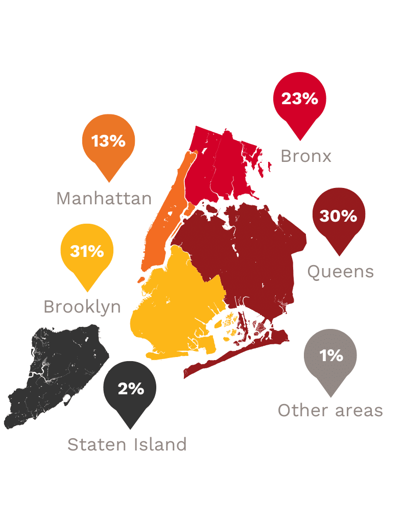 A color-coded map of New York City shows population percentages: Bronx 23%, Queens 30%, Manhattan 13%, Brooklyn 31%, Staten Island 2%, and Other areas 1%, with location labels and percentage icons.
