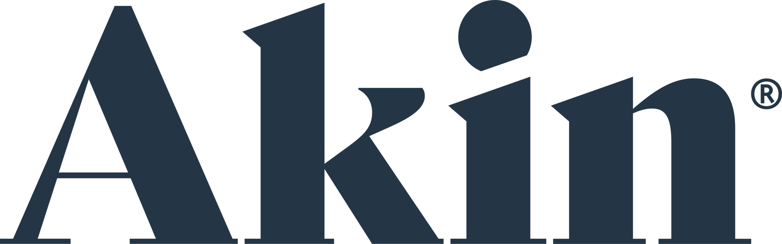 The image shows the word Akin in large, bold, dark blue serif font with a registered trademark symbol in the upper right corner.