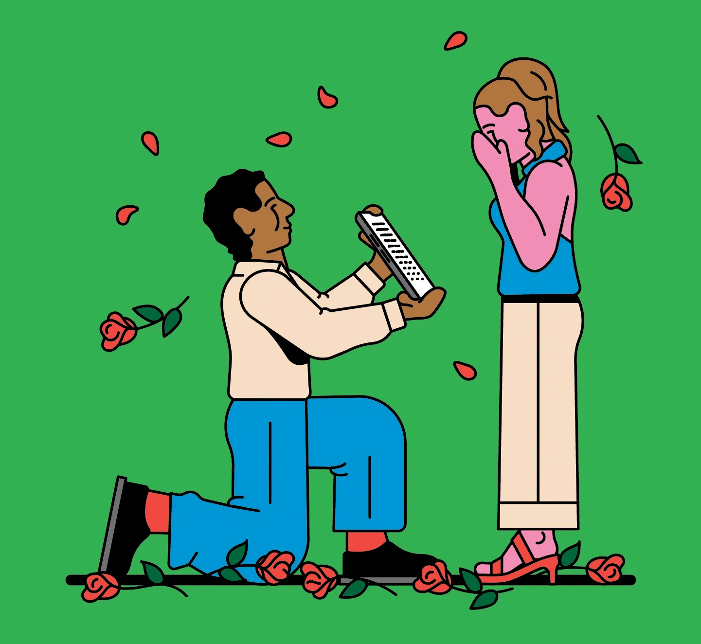A person kneels and presents a keyboard to a surprised person, surrounded by scattered roses on a green background.
