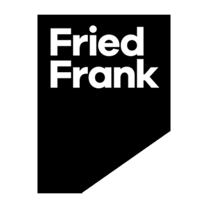 Black geometric shape with the words Fried Frank in bold white text at the top left. The bottom right corner of the shape is cut off at an angle. The background is light gray.