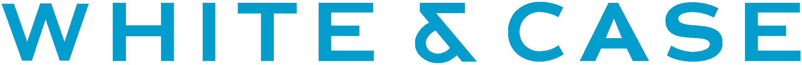 The image shows the words WHITE & CASE in large, bold, blue capital letters on a white background. The font is modern and sans-serif.