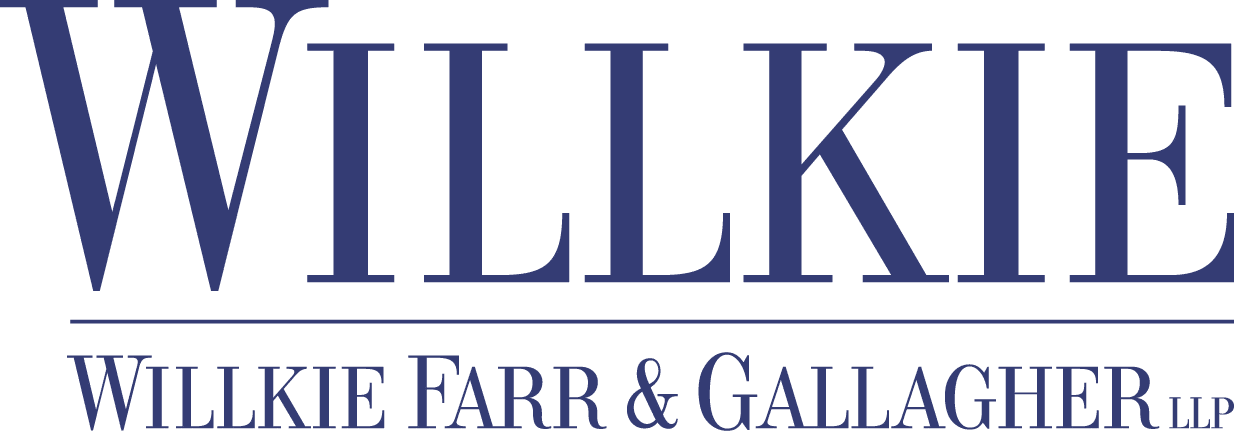 The image shows the logo for Willkie Farr & Gallagher LLP in blue capital letters, with WILLKIE above a line and Willkie Farr & Gallagher LLP written below it.