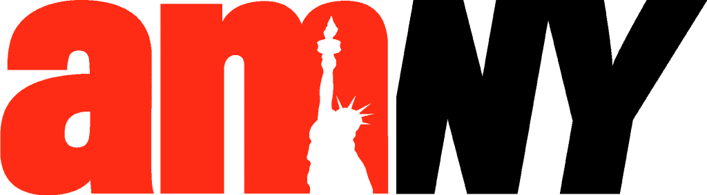 The image shows the amNY logo with am in red, NY in black, and the Statue of Libertys silhouette integrated between the letters.