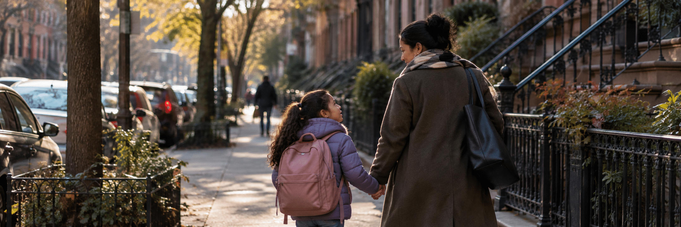 An adult and a child holding hands walk down a tree-lined city sidewalk. The child carries a pink backpack, and both wear coats. Parked cars and brownstone buildings line the street.
