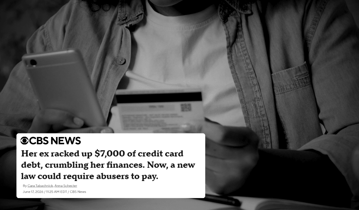 A person holds a credit card and a phone. Overlaid text from CBS News mentions a new law about requiring abusers to pay credit card debt incurred by ex-partners, with a woman affected by $7,000 in debt.
