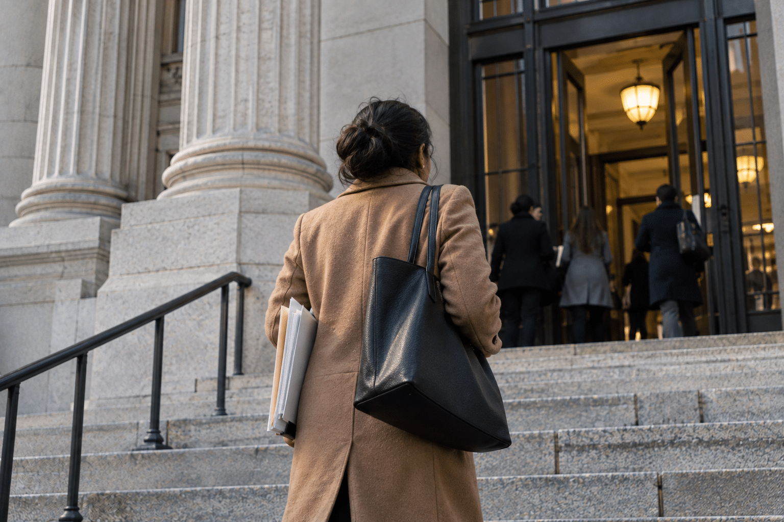 A woman carrying folders walks up the steps of a courthouse.