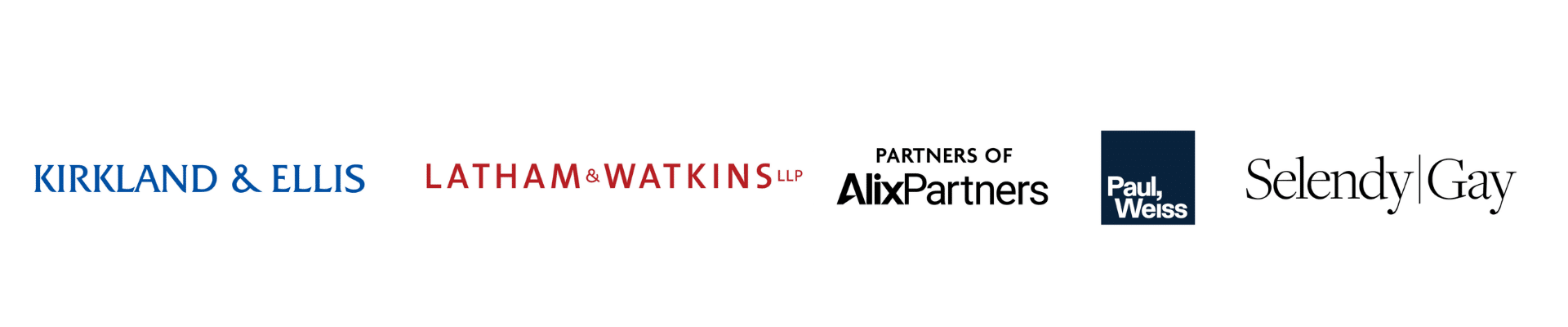 Logos for law and consulting firms: Kirkland & Ellis, Latham & Watkins LLP, AlixPartners, Paul, Weiss, and Selendy Gay.