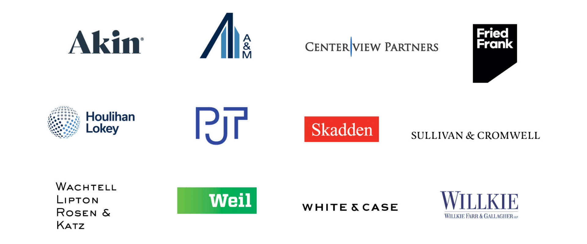 Logos for the firms Akin, Alvarez & Marsal, Centerview Partners, Fried Frank, Houlihan Lokey, PJT, Skadden, Sullivan & Cromwell, Wachtell Lipton Rosen & Katz, Weil, White & Case, and Willkie.