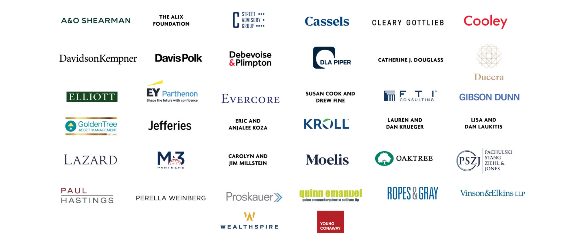 A grid of corporate logos and names for organizations including A&O Shearman, Davis Polk, Evercore, Kroll, Lazard, Moelis, Ropes & Gray, and Vinson & Elkins.